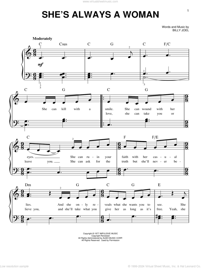 She's Always A Woman sheet music for piano solo by Billy Joel, beginner skill level