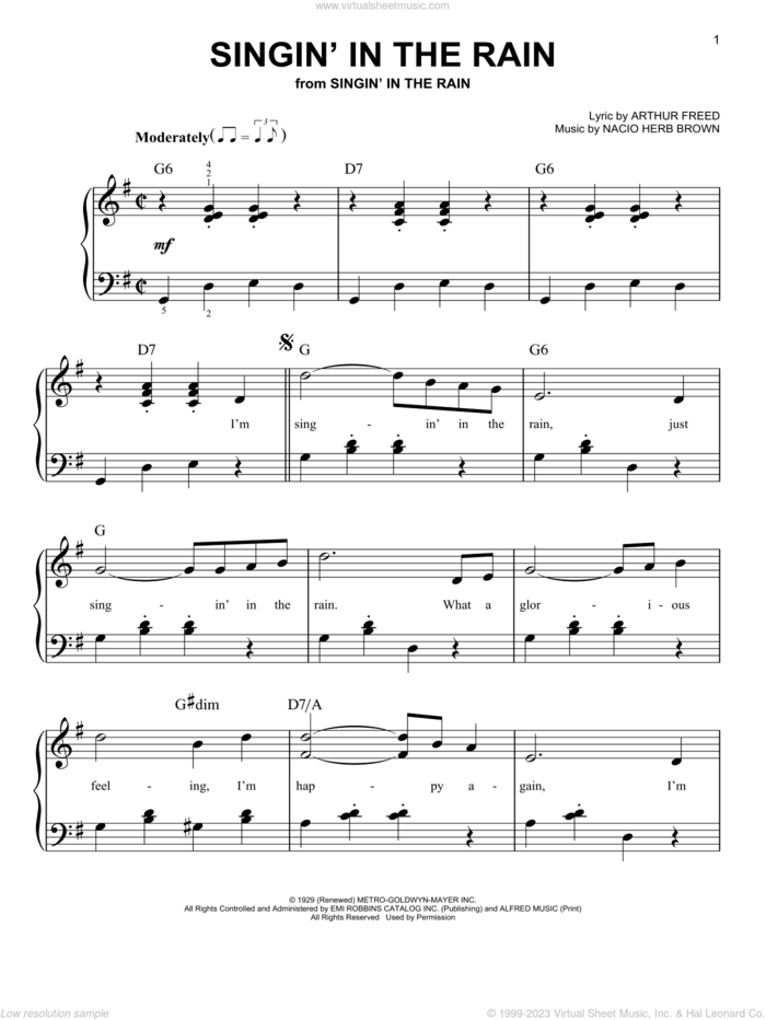 Singin' In The Rain sheet music for piano solo by Arthur Freed and Nacio Herb Brown, easy skill level