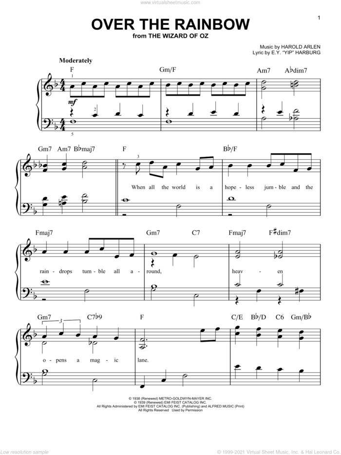 Over The Rainbow, (easy) sheet music for piano solo by Harold Arlen, easy skill level