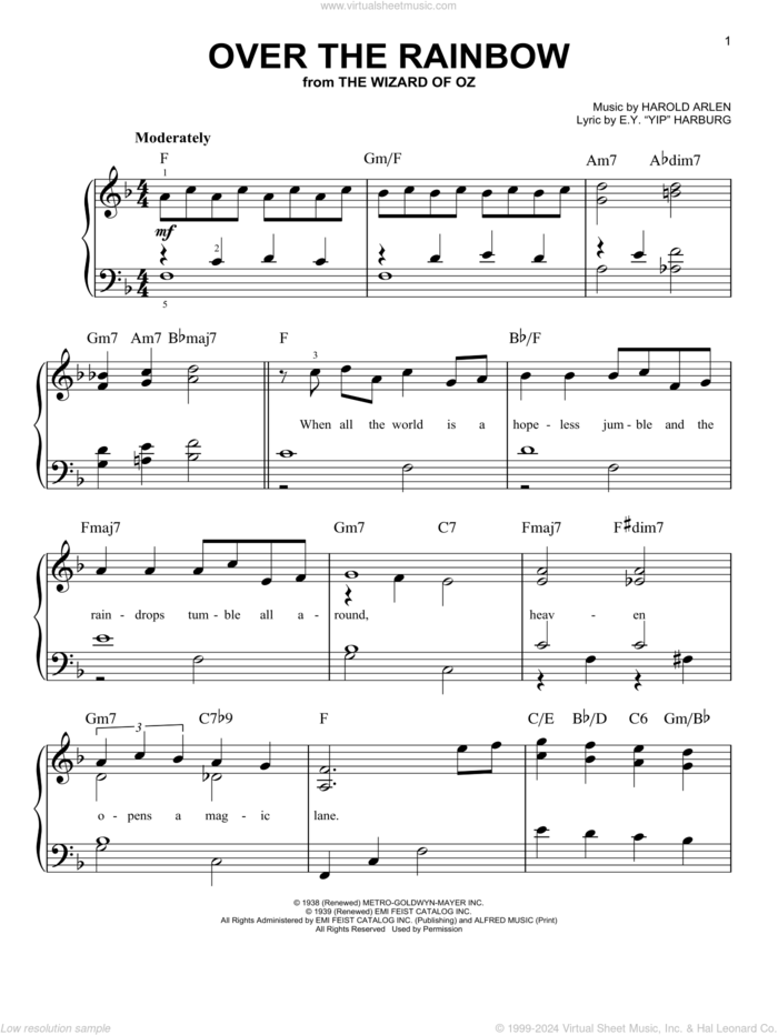 Over The Rainbow sheet music for piano solo by Harold Arlen, easy skill level