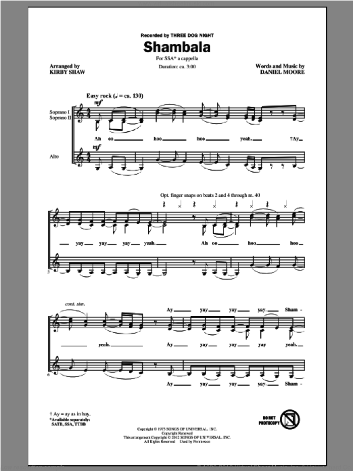 Shambala sheet music for choir (SSA: soprano, alto) by Kirby Shaw and Three Dog Night, intermediate skill level