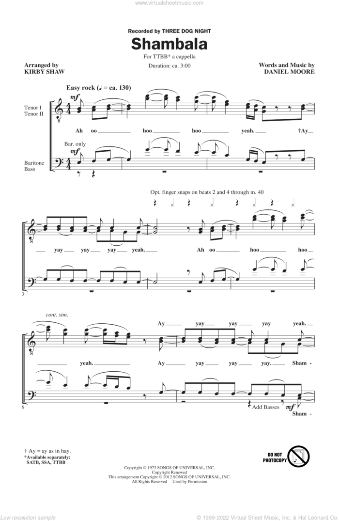 Shambala sheet music for choir (TTBB: tenor, bass) by Kirby Shaw and Three Dog Night, intermediate skill level
