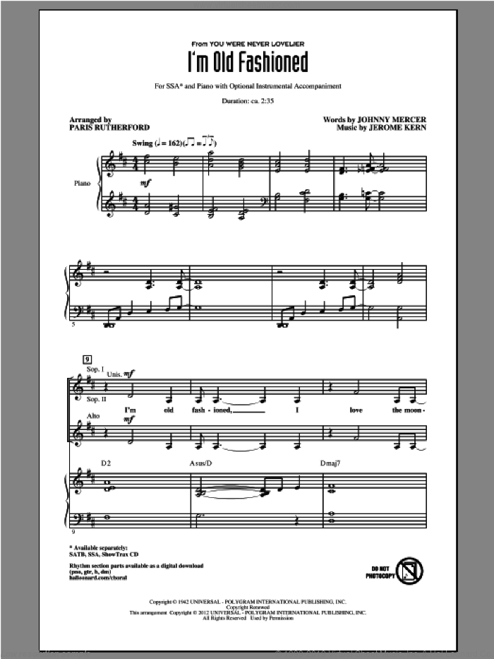 I'm Old Fashioned sheet music for choir (SSA: soprano, alto) by Johnny Mercer, Jerome Kern and Paris Rutherford, intermediate skill level