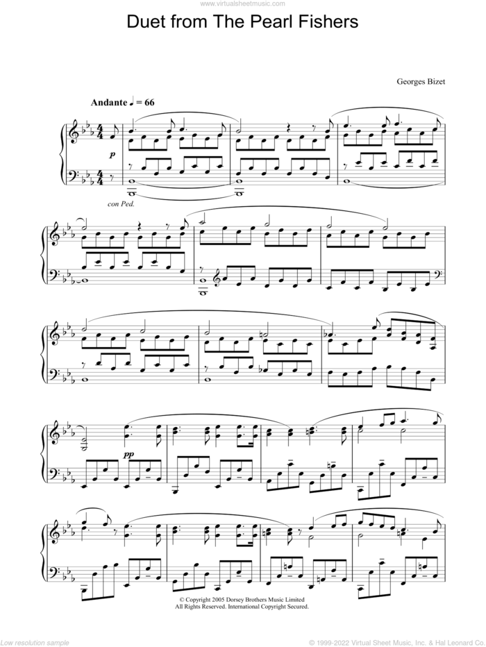 Duet from The Pearl Fishers sheet music for piano solo by Georges Bizet, classical score, intermediate skill level