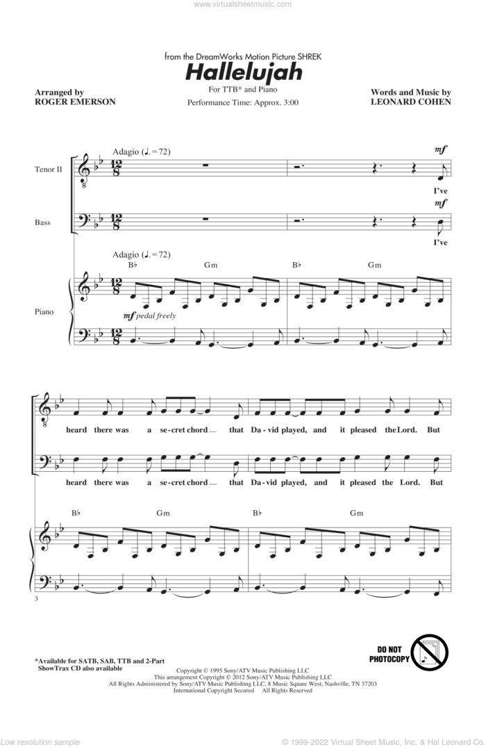 Hallelujah (arr. Roger Emerson) sheet music for choir (TTBB: tenor, bass) by Roger Emerson and Leonard Cohen, intermediate skill level