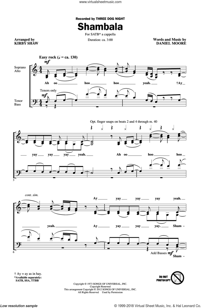 Shambala sheet music for choir (SATB: soprano, alto, tenor, bass) by Kirby Shaw and Three Dog Night, intermediate skill level