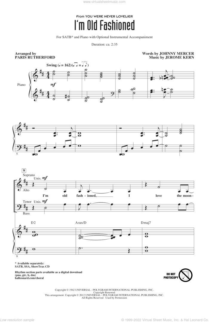 I'm Old Fashioned sheet music for choir (SATB: soprano, alto, tenor, bass) by Johnny Mercer, Jerome Kern and Paris Rutherford, intermediate skill level