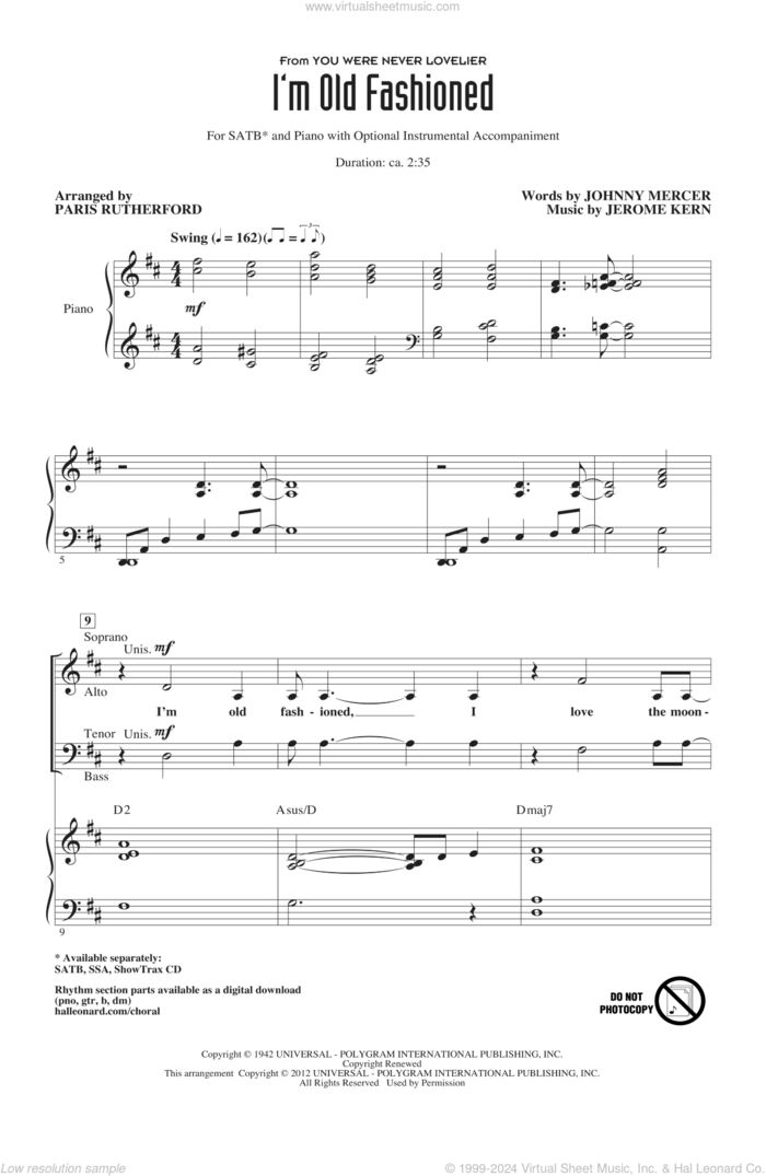 I'm Old Fashioned sheet music for choir (SATB: soprano, alto, tenor, bass) by Johnny Mercer, Jerome Kern and Paris Rutherford, intermediate skill level