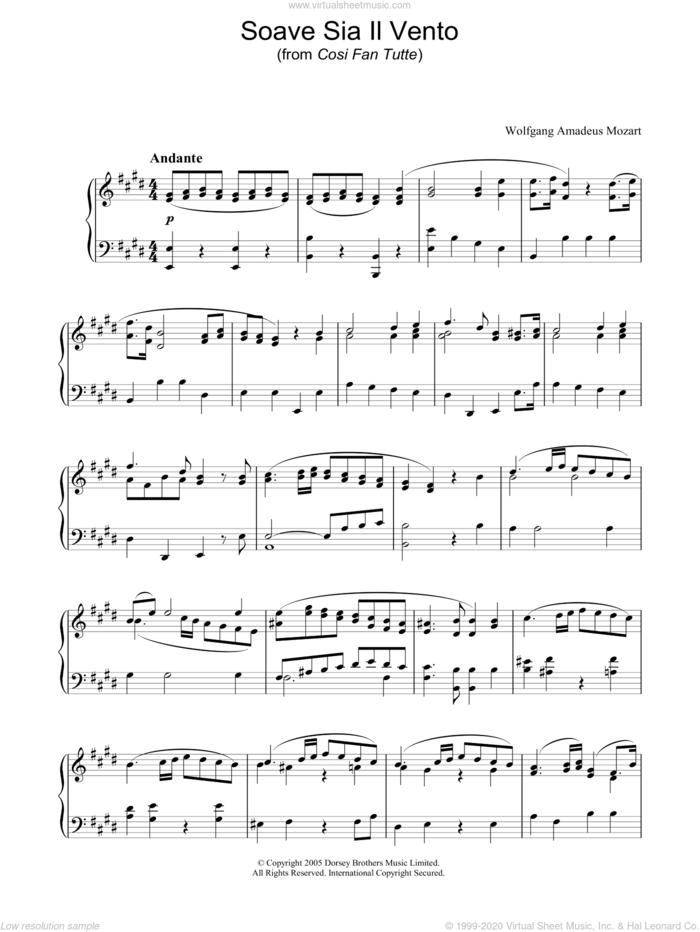 Soave Sia Il Vento (from Cosi Fan Tutte) sheet music for piano solo by Wolfgang Amadeus Mozart, classical score, intermediate skill level
