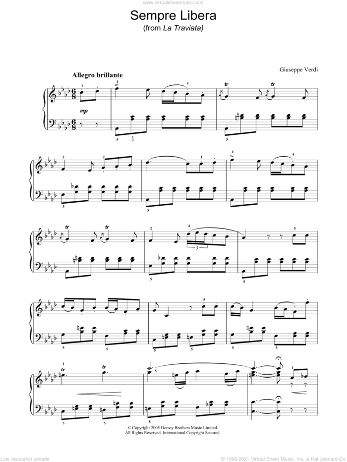 Sempre Libera (from La Traviata) sheet music for piano solo by Giuseppe Verdi, classical score, intermediate skill level