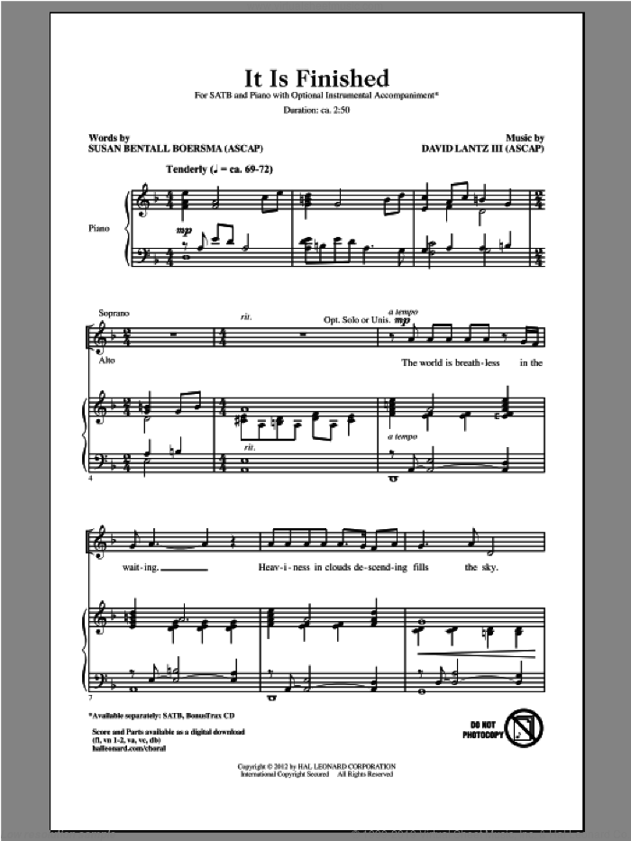 It Is Finished sheet music for choir (SATB: soprano, alto, tenor, bass) by David Lantz and Susan Boersma, intermediate skill level