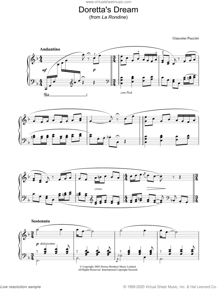 Doretta's Dream (from La Rondine) sheet music for piano solo by Giacomo Puccini, classical score, intermediate skill level