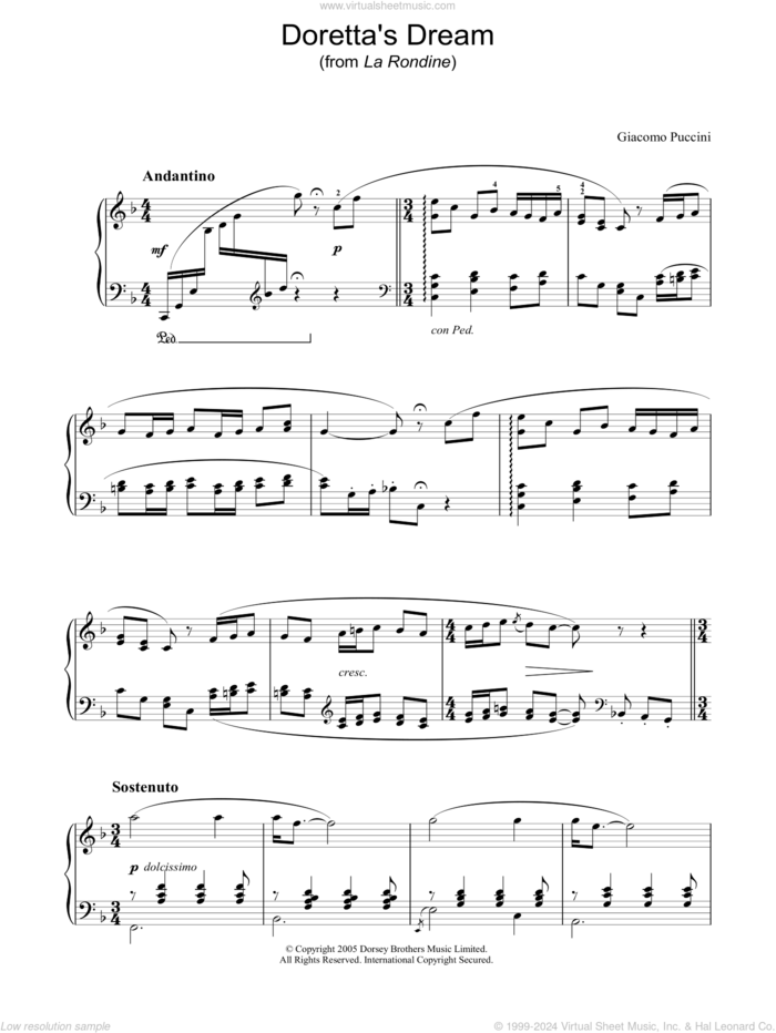 Doretta's Dream (from La Rondine) sheet music for piano solo by Giacomo Puccini, classical score, intermediate skill level