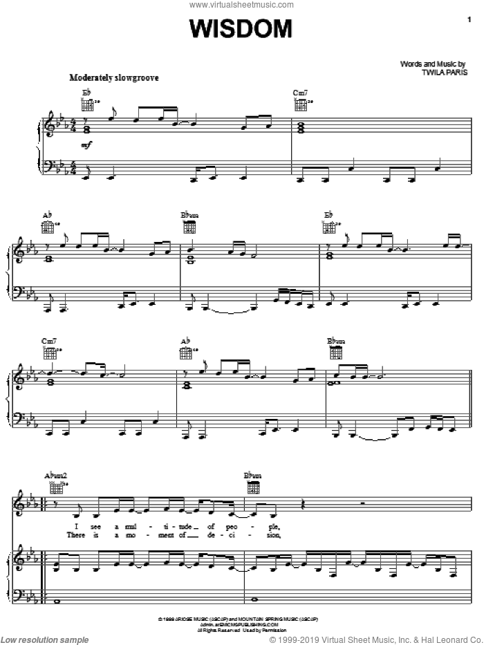 Wisdom sheet music for voice, piano or guitar by Twila Paris, intermediate skill level
