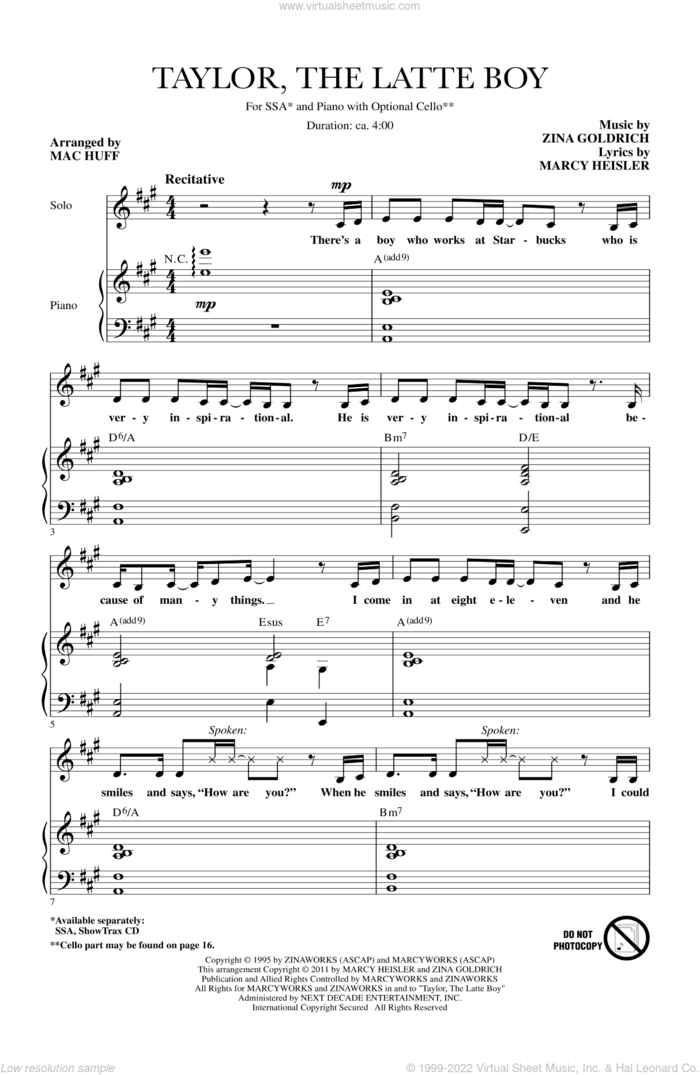 Taylor, The Latte Boy sheet music for choir (SSA: soprano, alto) by Mac Huff, Marcy Heisler and Zina Goldrich, intermediate skill level