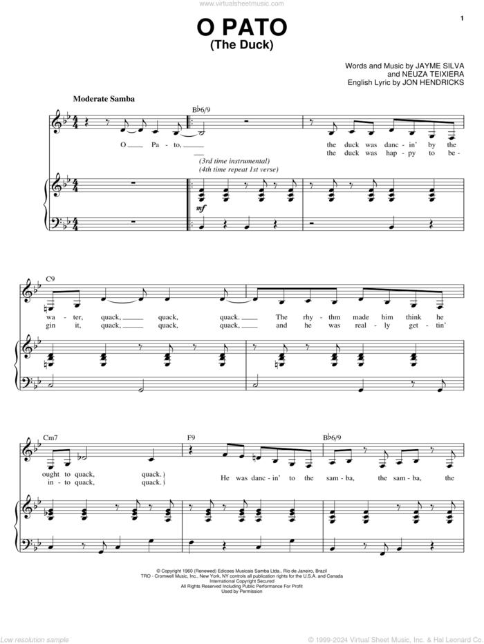 O Pato (The Duck) sheet music for voice, piano or guitar by Karrin Allyson, Jayme Silva, Jon Hendricks and Neuza Teixiera, intermediate skill level