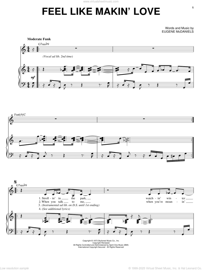 Feel Like Makin' Love sheet music for voice, piano or guitar by Karrin Allyson, Roberta Flack and Eugene McDaniels, wedding score, intermediate skill level