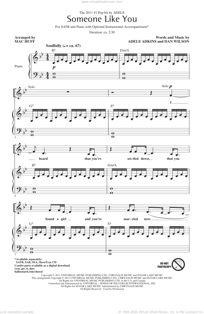 Someone Like You (arr. Mac Huff) sheet music for choir (SATB: soprano, alto, tenor, bass) by Mac Huff and Adele Adkins, Dan Wilson and Adele, intermediate skill level