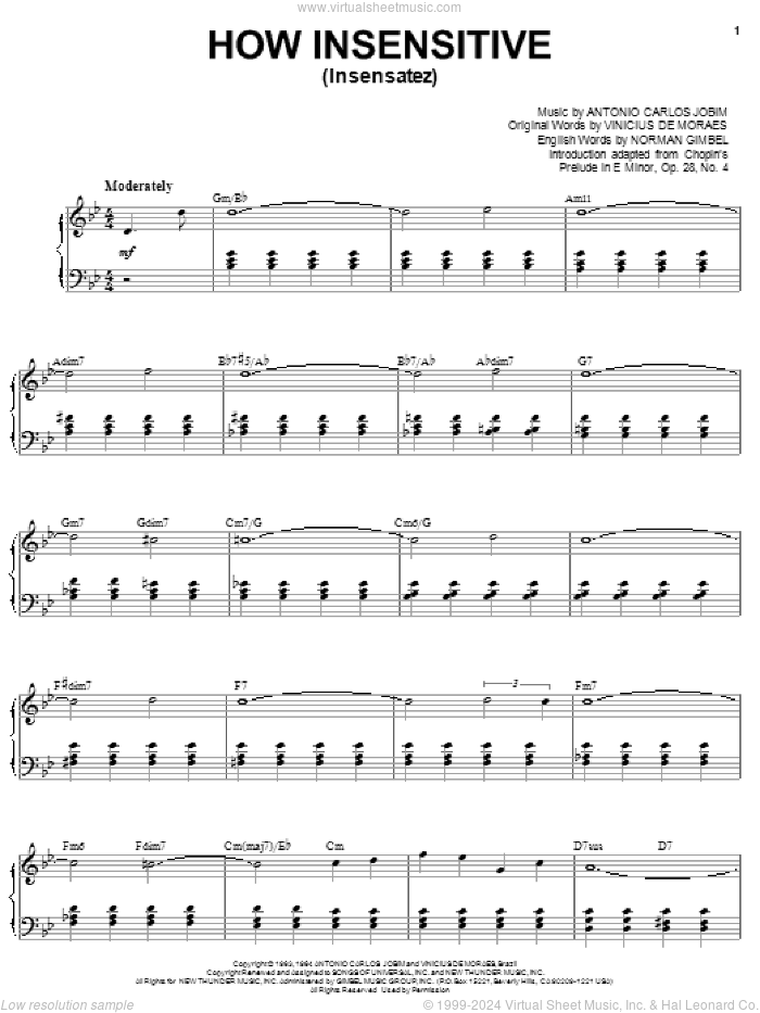 How Insensitive (Insensatez) sheet music for voice, piano or guitar by Karrin Allyson, Antonio Carlos Jobim, Norman Gimbel and Vinicius de Moraes, intermediate skill level