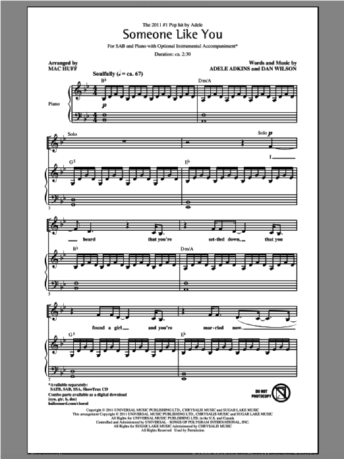 Someone Like You (arr. Mac Huff) sheet music for choir (SAB: soprano, alto, bass) by Mac Huff and Adele Adkins, Dan Wilson and Adele, intermediate skill level