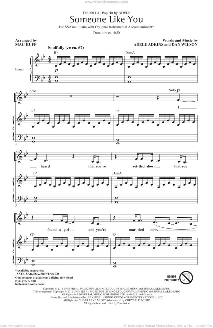 Someone Like You (arr. Mac Huff) sheet music for choir (SSA: soprano, alto) by Mac Huff and Adele Adkins, Dan Wilson and Adele, intermediate skill level