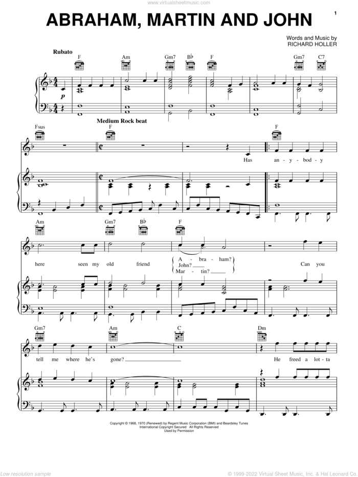 Abraham, Martin And John sheet music for voice, piano or guitar by Dion and Richard Holler, intermediate skill level
