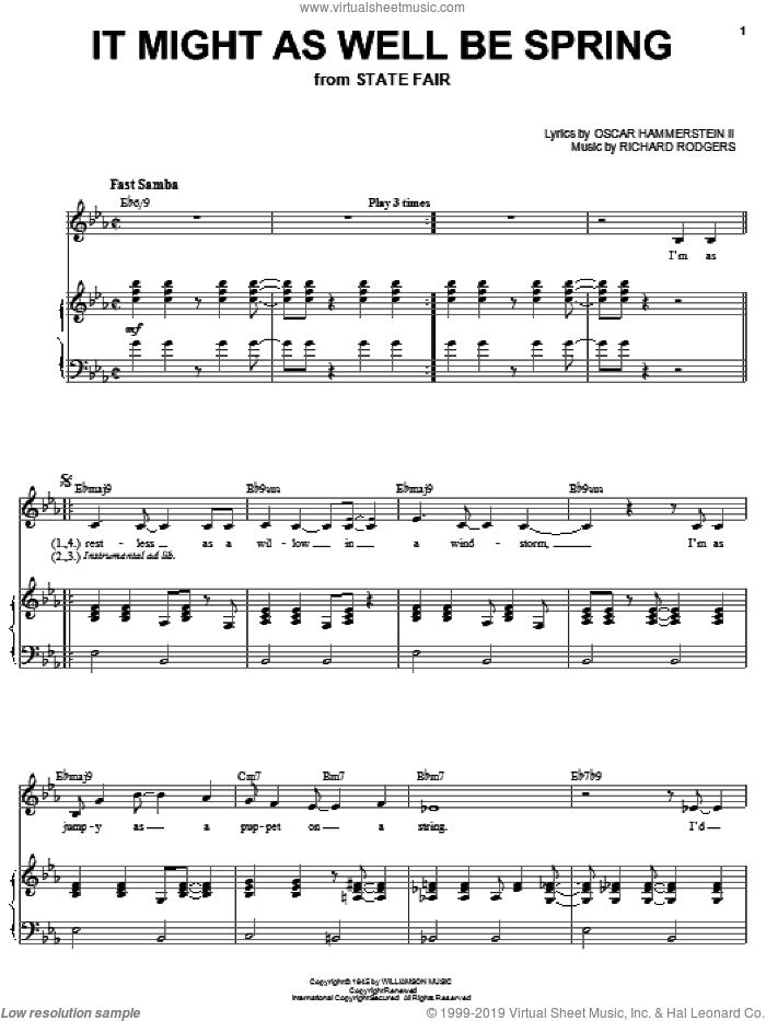 It Might As Well Be Spring sheet music for voice, piano or guitar by Karrin Allyson, Rodgers & Hammerstein, State Fair (Musical), Oscar II Hammerstein and Richard Rodgers, intermediate skill level