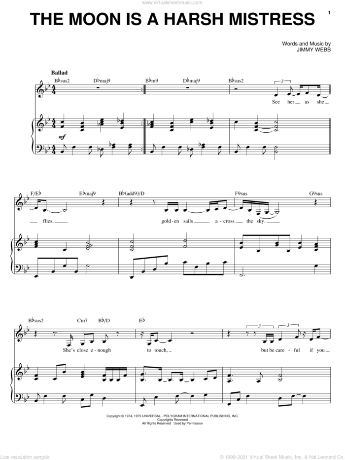 The Moon Is A Harsh Mistress sheet music for voice, piano or guitar by Karrin Allyson and Jimmy Webb, intermediate skill level