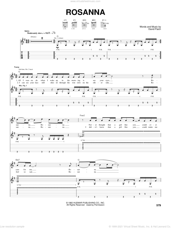 Rosanna sheet music for guitar (tablature) by Toto and David Paich, intermediate skill level