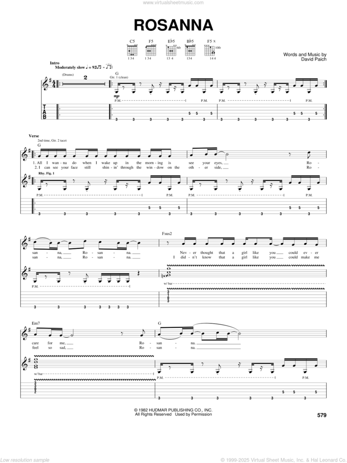 Rosanna sheet music for guitar (tablature) by Toto and David Paich, intermediate skill level