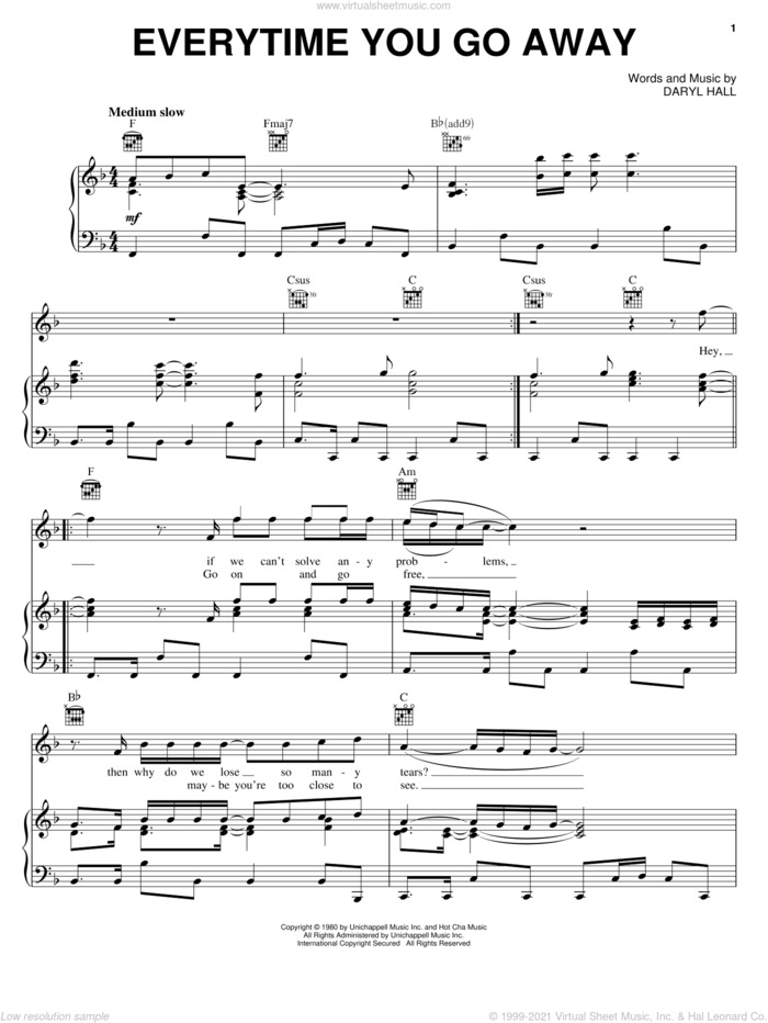 Everytime You Go Away sheet music for voice, piano or guitar by Paul Young and Daryl Hall, intermediate skill level