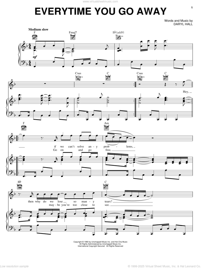 Everytime You Go Away sheet music for voice, piano or guitar by Paul Young and Daryl Hall, intermediate skill level