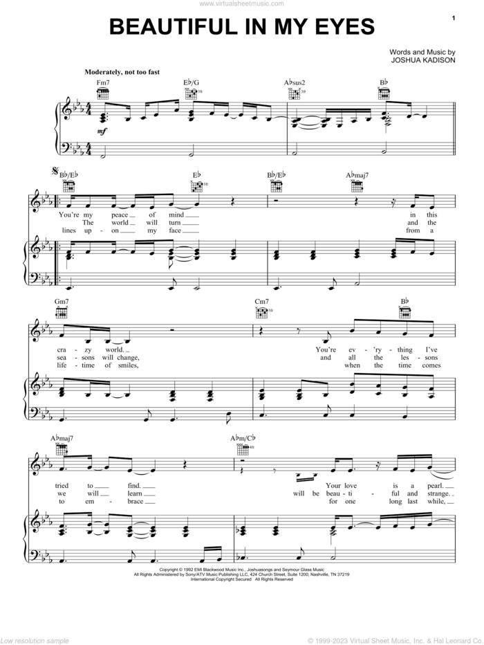 Beautiful In My Eyes sheet music for voice, piano or guitar by Joshua Kadison, wedding score, intermediate skill level