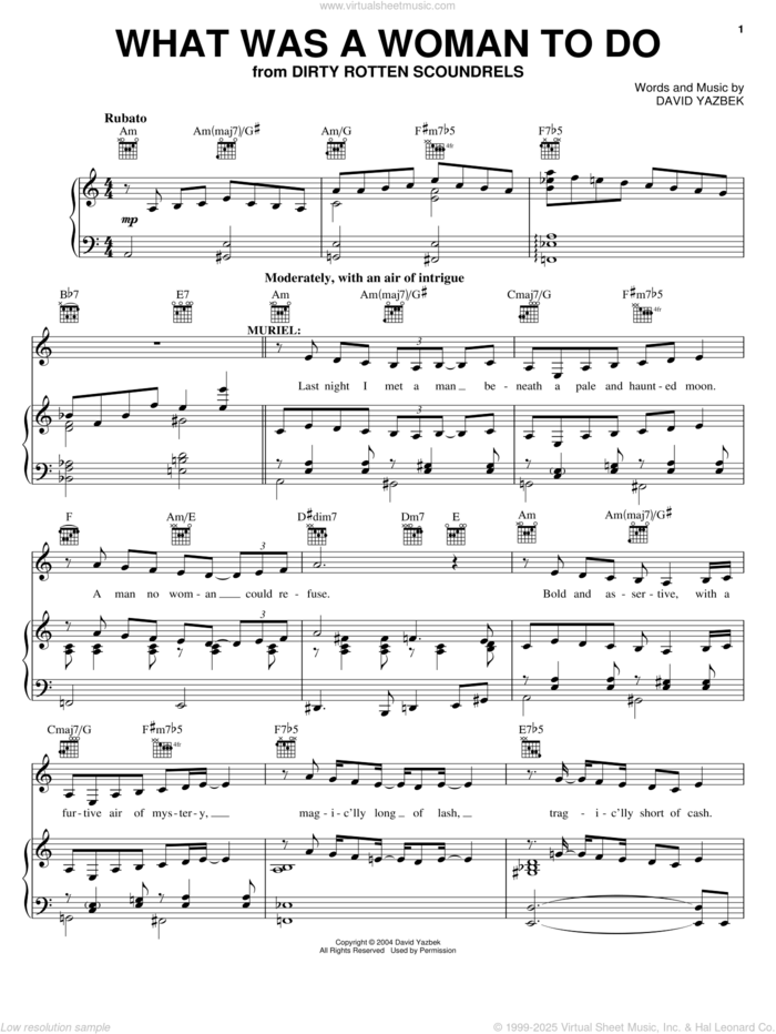 What Was A Woman To Do sheet music for voice, piano or guitar by David Yazbek and Dirty Rotten Scoundrels (Musical), intermediate skill level