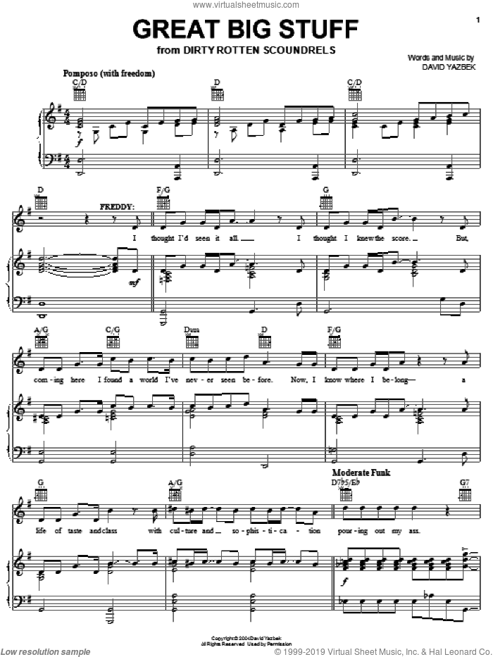 Great Big Stuff sheet music for voice, piano or guitar by David Yazbek and Dirty Rotten Scoundrels (Musical), intermediate skill level
