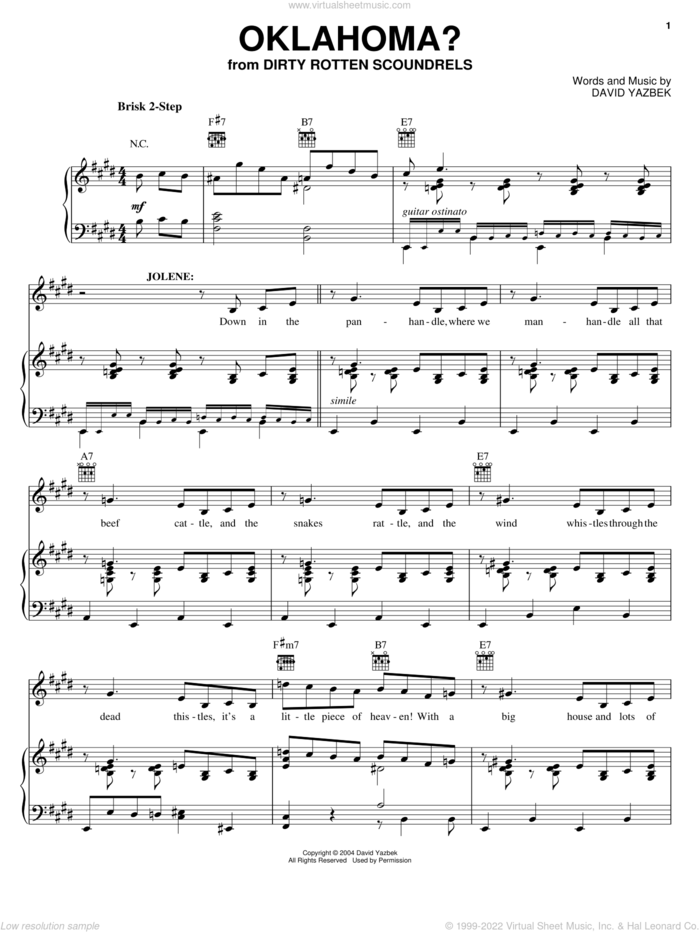 Oklahoma? sheet music for voice, piano or guitar by David Yazbek and Dirty Rotten Scoundrels (Musical), intermediate skill level