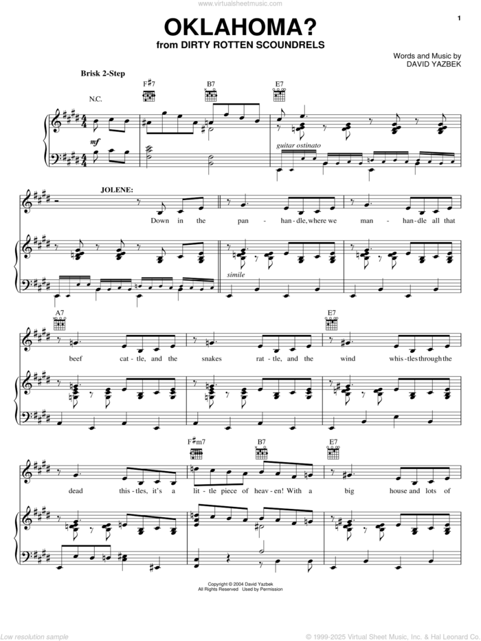 Oklahoma? sheet music for voice, piano or guitar by David Yazbek and Dirty Rotten Scoundrels (Musical), intermediate skill level