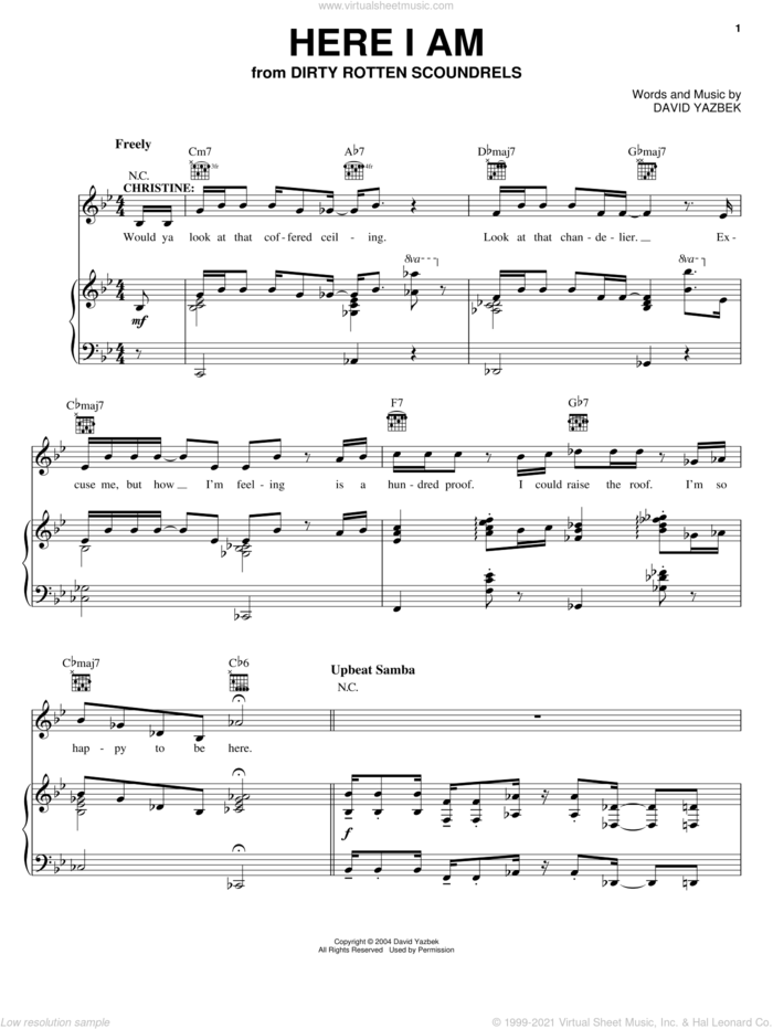 Here I Am sheet music for voice, piano or guitar by David Yazbek and Dirty Rotten Scoundrels (Musical), intermediate skill level