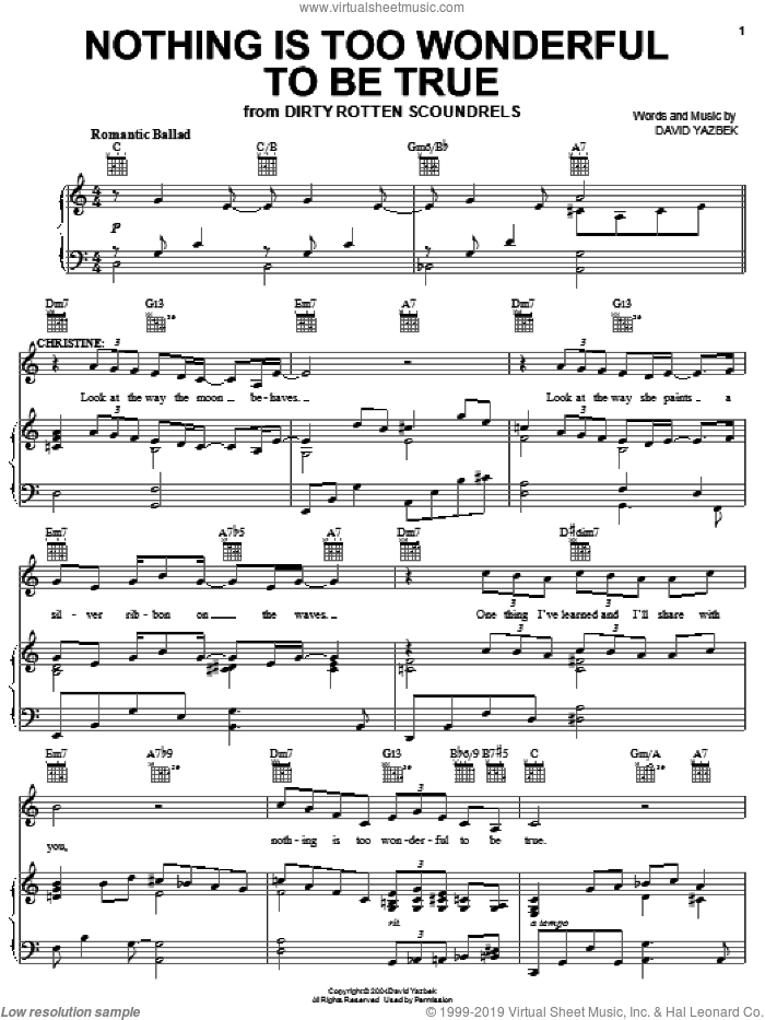 Nothing Is Too Wonderful To Be True sheet music for voice, piano or guitar by David Yazbek and Dirty Rotten Scoundrels (Musical), intermediate skill level