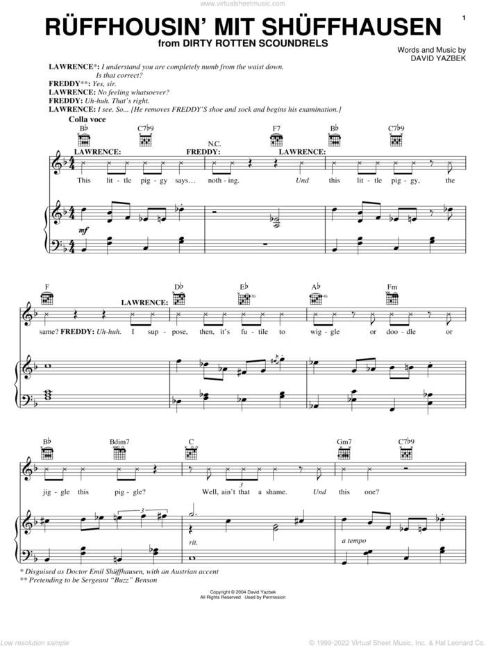Ruffhousin' mit Shuffhausen sheet music for voice, piano or guitar by David Yazbek and Dirty Rotten Scoundrels (Musical), intermediate skill level