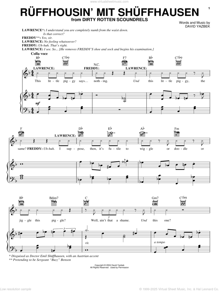 Ruffhousin' mit Shuffhausen sheet music for voice, piano or guitar by David Yazbek and Dirty Rotten Scoundrels (Musical), intermediate skill level