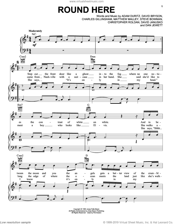 Round Here sheet music for voice, piano or guitar by Counting Crows, Adam Duritz, Chris Roldan and Dan Jewett, intermediate skill level
