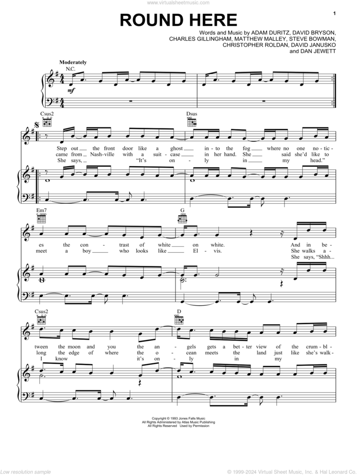 Round Here sheet music for voice, piano or guitar by Counting Crows, Adam Duritz, Chris Roldan and Dan Jewett, intermediate skill level