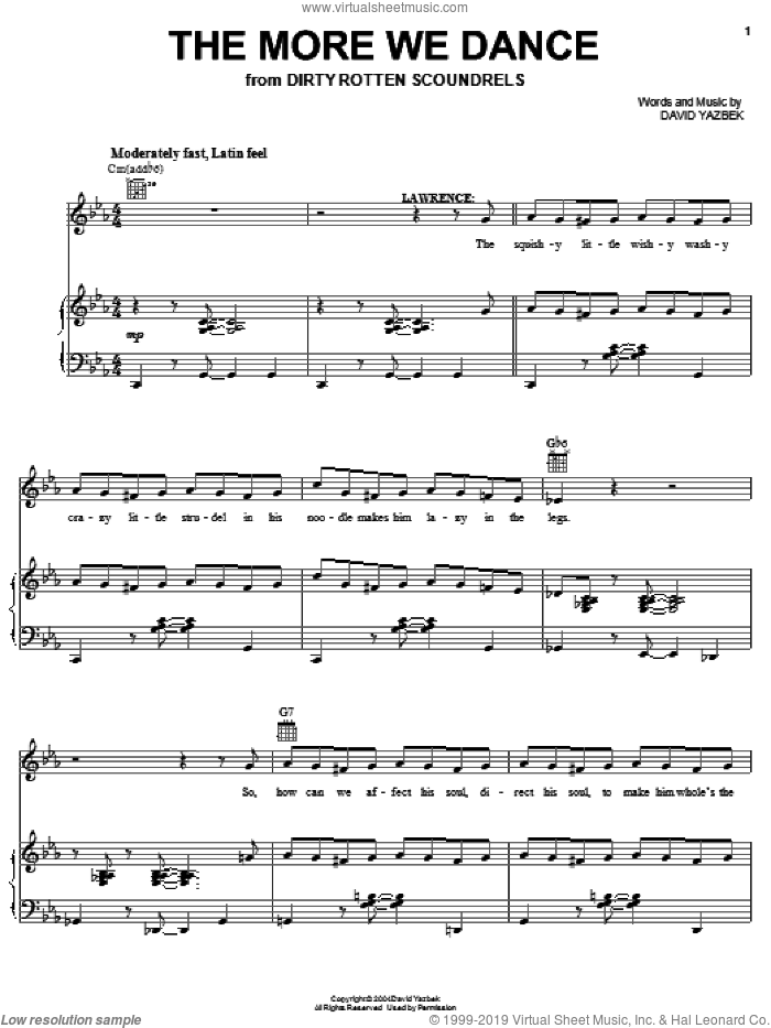 The More We Dance sheet music for voice, piano or guitar by David Yazbek and Dirty Rotten Scoundrels (Musical), intermediate skill level