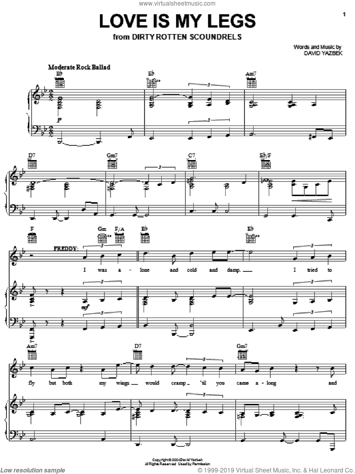 Love Is My Legs sheet music for voice, piano or guitar by David Yazbek and Dirty Rotten Scoundrels (Musical), intermediate skill level
