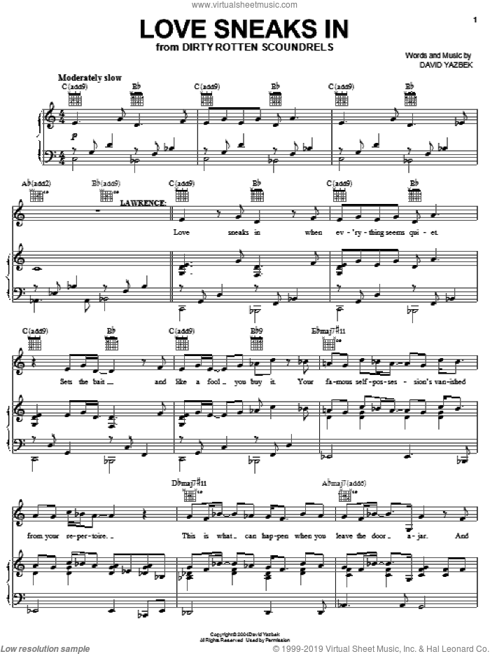 Love Sneaks In sheet music for voice, piano or guitar by David Yazbek and Dirty Rotten Scoundrels (Musical), intermediate skill level