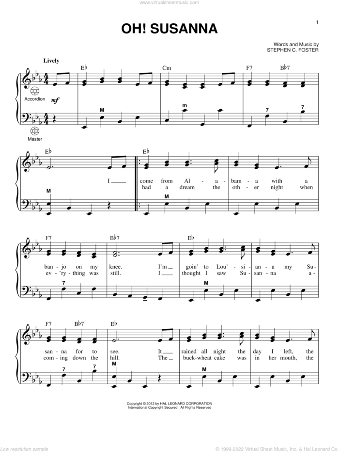 Oh! Susanna sheet music for accordion by Gary Meisner and Stephen Foster, intermediate skill level