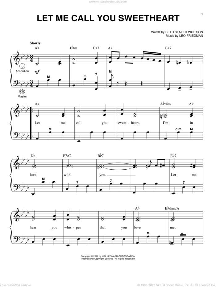 Let Me Call You Sweetheart sheet music for accordion by Gary Meisner, Beth Slater Whitson and Leo Friedman, intermediate skill level