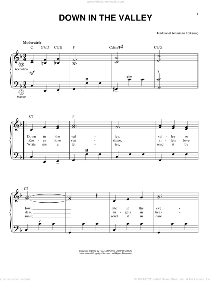 Down In The Valley (arr. Gary Meisner) sheet music for accordion by Gary Meisner and Miscellaneous, intermediate skill level