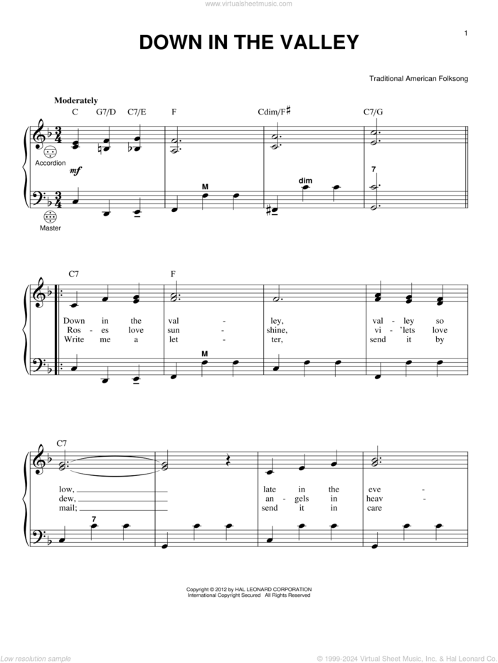 Down In The Valley (arr. Gary Meisner) sheet music for accordion by Gary Meisner and Miscellaneous, intermediate skill level